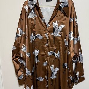 Dresses in LALA Brown Button-Up Shirt with Crane Print